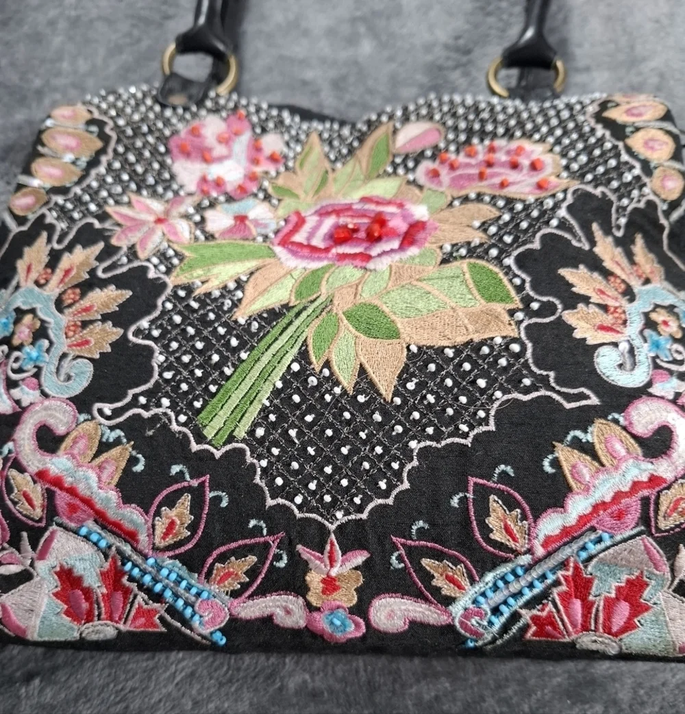 CHRISTIANA Floral BEADED Embroidered MEDIUM BAG Double Strap Purse Multicolor
